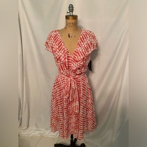 Connected Apparel Orange Faux Wrap Ruffle Dress - NWT